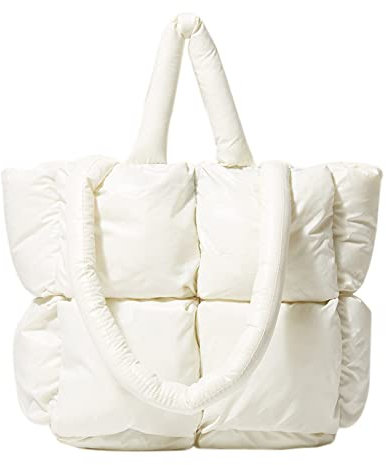 JQWYGB Puffer Tote Bag für Damen – große Puffy Tote Bag Geldbörse weich gepolsterte Baumwolle kariert gesteppte Schultertaschen Handtaschen, Weiß, Large
