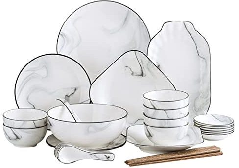 FIFOR 32/42/52 Pieces Dinnerware Set, Ceramic Kitchen Dinner Set Service for 6-10 People, Round Crockery with Bowls, Dinner Plates,Side Plates, Dip Bowls, Chopsticks (Color : White, Size : 32 pcs)