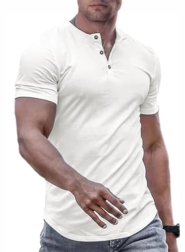 JMIERR Mens Muscle Slim Fit Button Henley Shirts Summer Crewneck Short Sleeve Longline Fitted T-Shirt Gym Workout Athletic Tee Shirt for Men, XL, White