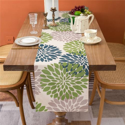 Tischläufer Grün Modern Tischläufer Frühling Sommer Blaue Graue Dahlie Blumen Boho Leinen Küche Esstisch Dekor Tischdecke für Urlaub Partys Café Garten Dekoration 33x183cm