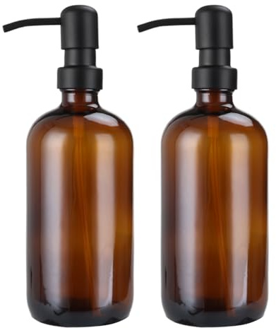 2 Seifenspender aus Braunglas, je 500 ml, Schwarze Edelstahlpumpe | Pumpspender-Set für Handseife, Spülmittel, Shampoo und Lotion Für Waschbecken, Küche, Bad und Dusche