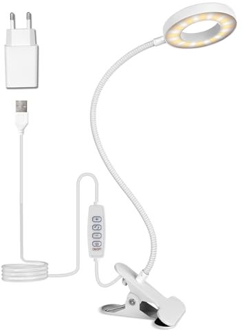TBTeek LED Leselampe, 48 LED Schwanenhals Bett Lampe, Augenpflege Schreibtischlampe, 3 Modi & 10 Dimmstufen, Klemmleuchte für Büro Heimgebrauch, CE Adapter Enthalten, Schwarz, Weiß