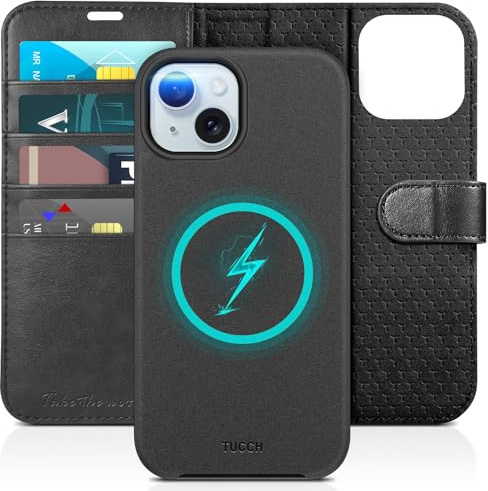 TUCCH Hülle für iPhone 15 5G 2023 (6,1 Zoll), 2-IN-1, Schwarz | MagnetKlapphülle, Kabelloses Laden, Kartenfach, Handyhülle, RFID Blocker, Schutzhülle, Kompatibel mit iPhone 15