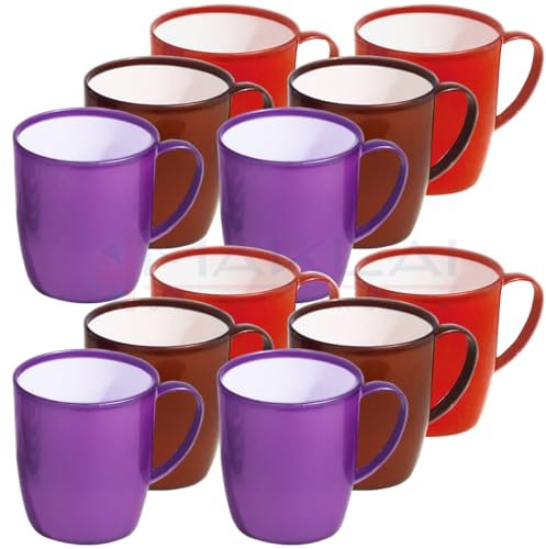MAKREL Unbreakable Lightweight Plastic Drinking Cups for Camping, Kids Party, Travel & Outdoor Tea Coffee Mugs BPA Free with Handle (Solid Colour, Pack of 12)