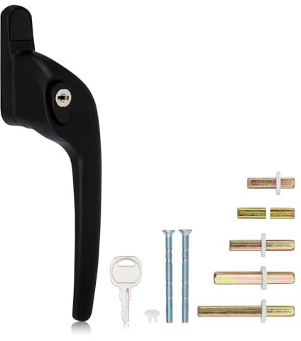 XFORT Cranked Locking Window Handle Installation Kit in Black, Right Hand UPVC Window Handle Replacement, Offset Lockable Window Lever
