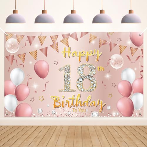 Koliphy 18. Geburtstag Deko, 18. Happy Birthday Banner für Jungen Mädchen, Rose Gold Stoff 18 Geburtstagsbanner Hintergrund Party Dekoration Drinnen und Draußen
