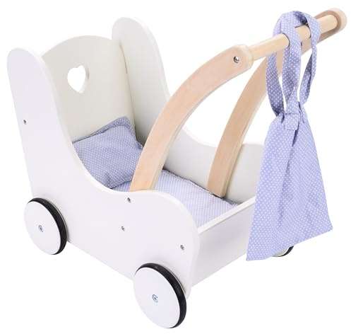 Engelhart – 606014 – Eleganter Puppenwagen aus Holz – Grau und Weiß – Maße: 50 x 28 x 46 cm – Ab 3 Jahre