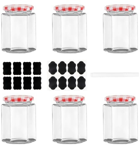 MEETOZ Glass Hexagonal Storage Jars, 280ml / 9oz with Screw Top Red Gingham Lids, Airtight Pickle Jars, for Candle Making & Preserving