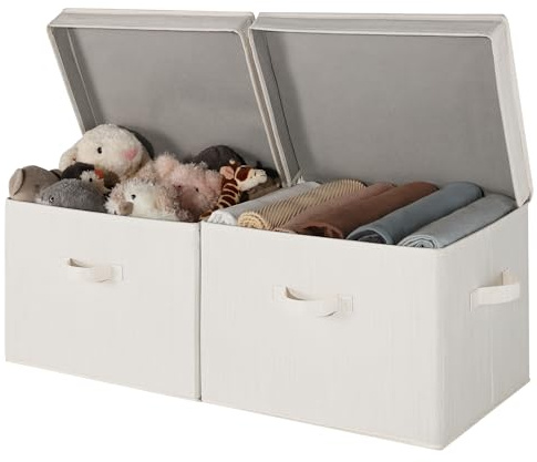 StorageWorks Aufbewahrungsbox mit Deckel, große Stoff Aufbewahrungsboxen mit Deckel mit Griffen, faltbarer Aufbewahrungskorb mit Deckel für Kleidung, Mischung aus Beige, Weiß und Elfenbein, 2 Stück