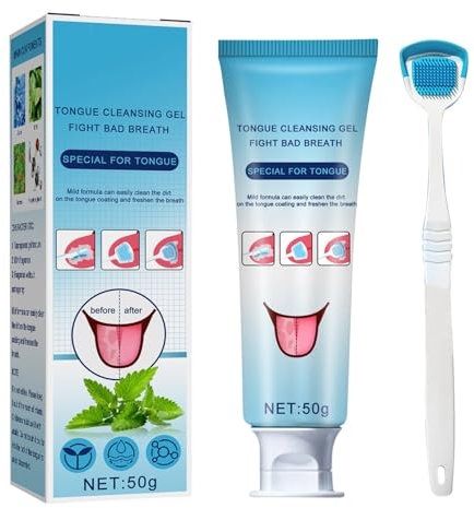 FreshMintTongue Cleaner Gel con spazzola lingua, raschietto lingua, kit pulisci lingua, set di gel per la pulizia della lingua, gel detergente FreshMintTongue per ridurre il respiro e mantenere la