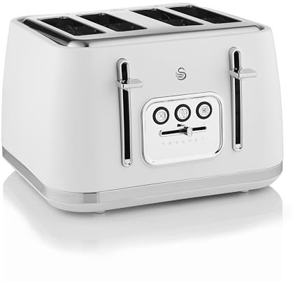 Swan Serenity ST19024WHT 4 Slice Toaster with Matt Finish, 6 Browning Levels, Temperature Control, Reheat and Defrost Functions, 2100W, White