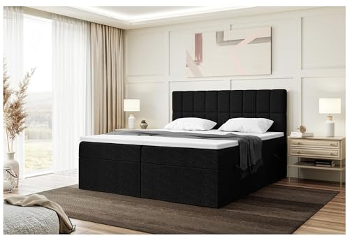 MEBLINI Boxspringbett mit Bettkasten - Gepolstert Doppelbett mit Matratze und Topper - Polsterbett mit Stauraum - Bett mit Kopfteil - Stauraumbett - Lukas - 200x200 - H3/Schwarz Webstoff