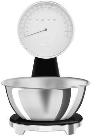 SMEG Retro-Style Analog & Digital Kitchen Scale, 11 lb Capacity, Rechargeable Battery, Backlit LCD Display, Stainless Steel Bowl (Black)