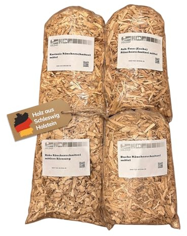 Landree® Starter-Set Räucherschnitzel Geflügel & Fisch – 4x2L Esche, Kastanie, Birke, Buche – BBQ Räucherholz für Smoker, Grill & Räucherofen – naturbelassen & handverarbeitet