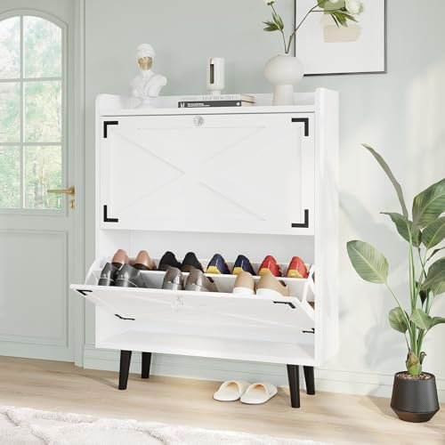 VOWNER Schuhschrank Schmal, Schuhkipper Schuhregal Schmal, mit 2 Klappen, mit Verstellbar und Abnehmbar, Mit Holzbeinen, für den Eingang, Flur, Weiss, 80 x 24 x 102 cm