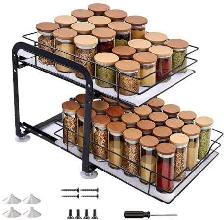 AmoreTempo Gewürzregal Ausziehbar 2 Etagen Metall Küchenschrank Organizer | Gewürz Organizer Höhenverstellbar,rutschfest mit PVC-Einlage,Saugnapf kein Bohren,2 ausziehbare Körbe,stehend–28x24x23cm