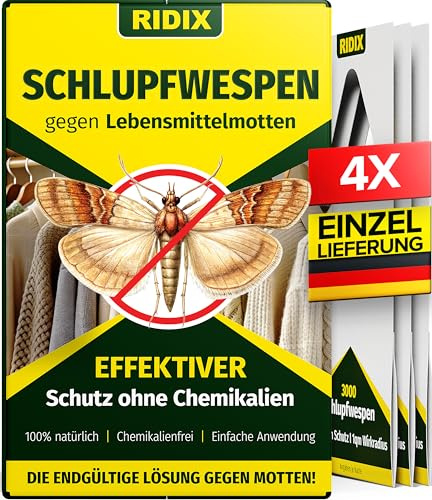 Ridix® Schlupfwespen gegen Lebensmittelmotten [1 Lieferung mit 4 Karten] - Schlupfwespen gegen Motten als biologische Lösung frei von Chemie - Schlupfwespen Lebensmittelmotten