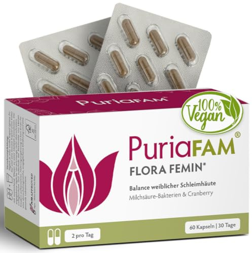 PuriaFAM Flora Femin - Milchsäurebakterien für Frauen - 60 vegane Kapseln - Lactobacillus, Akazienfaser, Cranberry & Vitamin C