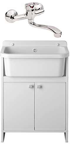 SIGO Lavabo con Mobile Base e Batteria - Lavello con Lavello - Lavello Bianco 2 Ante 55x35x78 cm Lavello Completo - Mobile Lavabo - Mobile Giardino - Cucina da Esterno - Lavanderia