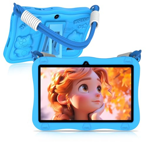 VASOUN Kids Tablet 7 inch,Android 13 Tablet for Kids,32GB+512GB Expand Blue | Lanyard Child Tablet IPS Screen Dual Camera Education Kids Software Pre-Installed Parental Control Toddler Tablet with Case