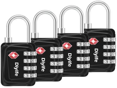 TSA Luggage Locks, [4 Packs] Diyife Updated 4-Digit Security Padlocks with Code, Resettable Zinc Alloy Combination Padlocks, Small Travel Locks Padlocks for Luggage Suitcases Bag Case (Black)