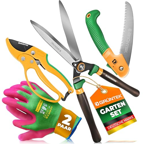 GRÜNTEK KIT DE 4 HERRAMIENTAS DE JARDÍN – Tjeras Cortasetos, Tijera de Poda, Sierra de Poda Plegable, Guantes de jardinería de bambú L/9 (2 pares). Idea Regalo para Hombres y Mujeres