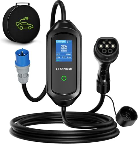 Cable de Carga Tipo 2, 7 kW, Caja de Pared móvil, 5 m, 6-32 A, Cable de Carga de 1 Fase, Conector CEE, Cargador EV portátil con Potencia de Carga Ajustable y función de Temporizador, para EV