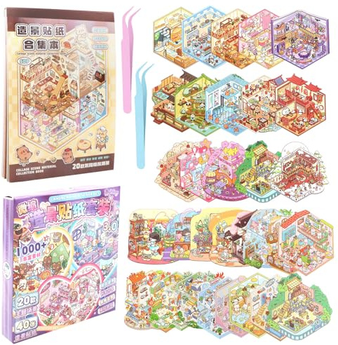 UBERMing 40 Sets Libro de Pegatinas 3D con Escenas, Juegos de Pegatinas para Casa 3D DIY, Escena de Pegatinas en Miniatura 3D House Stickers, Sticker Therapy Alivia el Estrés con 2 Pinzas (40 Escenas)