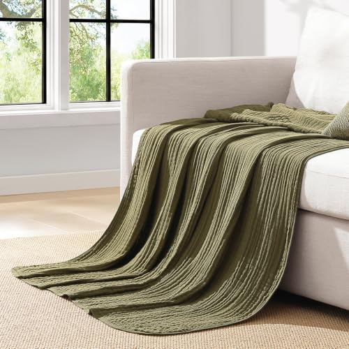 Topfinel Manta de Verano,100% Algodón,Manta Decorativa y Colcha para Sofá,Mantas Suave de Muselina para Sofá 150x200 CM,Color Verde Oliva,Mantas Ligera Transpirable para Todas Las Estaciones
