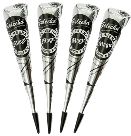 Golecha Henna Set Schwarz, 4x25g Kegel, ohne Ammoniak PPD | temporäre Hautverzierung, inkl. Schablone Rose, Mehendi, Körperbemalung