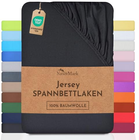NatureMark Jersey Spannbettlaken, Spannbetttuch 100% Baumwolle in vielen Größen und Farben MARKENQUALITÄT ÖKOTEX Standard 100 | 90 x 200 cm - 100 x 200 cm - schwarz
