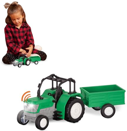 Driven Traktor mit Anhänger & LED-Beleuchtung - Robustes Bauernhof-Spielzeug ab 2 Jahren - Landwirtschafts-Fahrzeug mit Sound & Heckklappe für Drinnen & Draußen