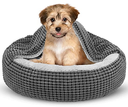 SIWA MARY Small Dog Bed with Attached Blanket, Cozy Donut Cuddler Anti-Anxiety Hooded Pet Beds Calming Cave Bed. Orthopedic Round Puppy Beds for Dogs or Cats Washable, Anti-Slip Bottom, 23inch
