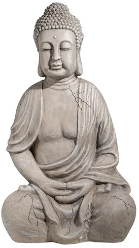 Neustein XXL Großer Buddha 50 cm Steinoptik Garten Deko Figur Skulptur Feng Shui sitzend Steinfigur-Optik (hellgrau)