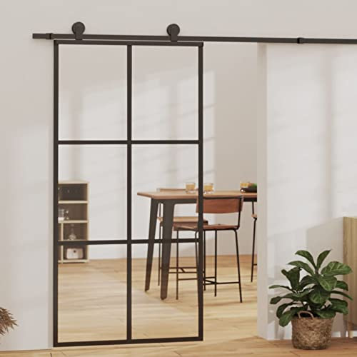 Gecheer skjutdörr i glas ESG och aluminium, glidande glasdörr för badrum, kök, arbetsrum, kontor, 102 x 205 cm, svart