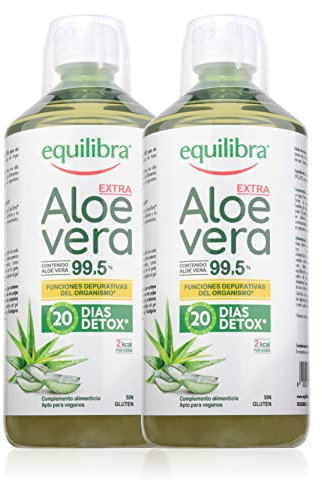 Equilibra Suplementos Dietéticos, Aloe Vera Extra 99,5%, Suplemento de Aloe Vera para Beber Puro o Diluido, Sin Aloína, Detox Pulpa Pura Sin Agua Añadida, Producto Vegano Sin Gluten, 2 Piezas de 1l