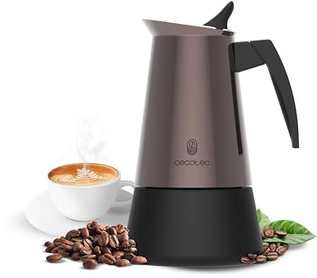 Cecotec Cafetera Italiana Piccolina 600 Bronze. Capacidad 300ml para 6 Tazas, Diseño Elegante en Acero, Filtro Acero Inoxidable, Apta para todas las Superficies, Válvula de Seguridad, Cierre Silicona