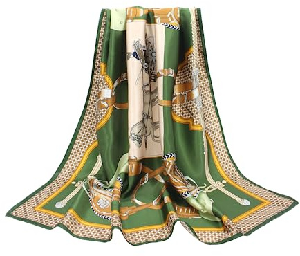 ANDANTINO 100% Pure Mulberry Silk Scarf 35 Large Square Lightweight Headscarf –Women’s Hair Wraps-With Gift Packed (Green-Horse)