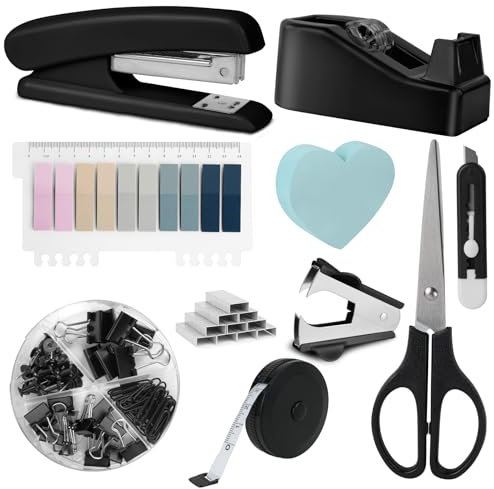 OFFCUP Büroartikel Set, Schreibtisch Set, Schreibtischzubehör 10 Kit mit Entklammerer, Heftklammern, Heftklammerentferner, Tesafilm Abroller, Schere, Bandmaß, Allzweckmesser, Clip, Haftnotizen-Schwarz