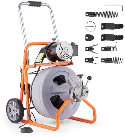 VEVOR Desbloqueador de Tuberías Eléctrico Máquina de Limpieza de Tuberías 22,8m x 1,27cm Limpiador de Tubos de Drenaje con Alimentación Automática Accionamiento Neumático para Tuberías de 5-10 cm