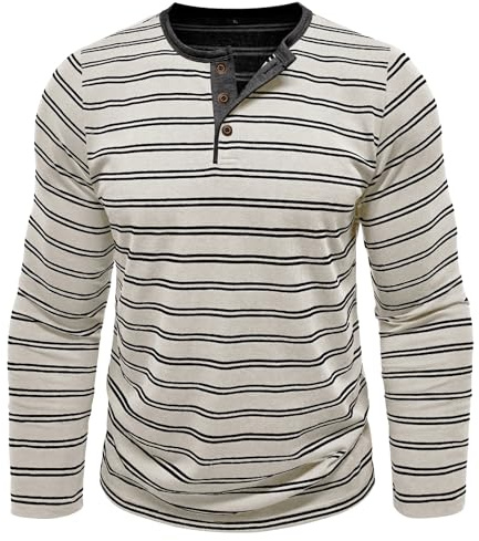 MakingDa Henley-skjortor för män långärmade kontrastränder knappar Henley hals pullover farfarströja normal passform andningsbar hållbar mjuk lätt vardaglig klassiska toppar, Vitt, XL