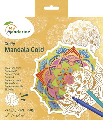 MY MANDARINE GY172C - Un carnet de coloriage Graffy Mandala GOLD 24 pages - Mandalas pré-découpées - Impression SERIGRAPHIE OR - À partir de 6 ans - GOLD, Doré