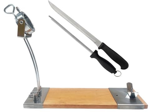 Well Home IBERIA Luxe Support à jambon avec tête rotative, en bois et acier inoxydable + set de couteau à jambon (25 cm) et fusil (21 cm)