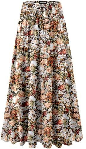 MJBGSHOW Womens Ruffle Maxi Skirts:High-Waist Elastic Pleated Long Skirt-Summer Casual Boho Flowy Skirts with Drawstring Flowers-Coffee Floral S