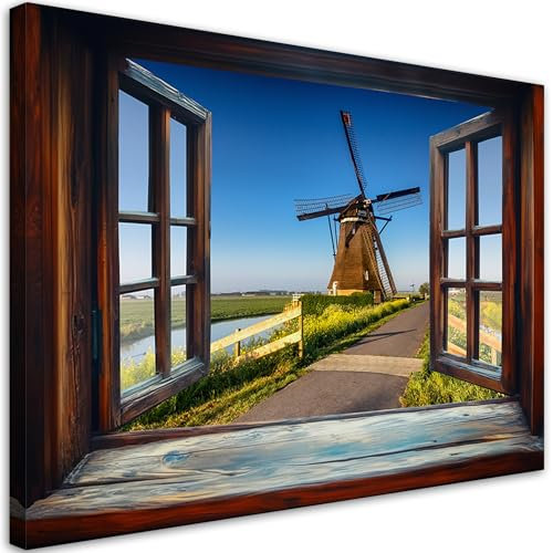 Feeby Leinwand Bilder - Bild Wohnzimmer - Fenster Windmühle Naturlandschaft - 30x20 1tlg - Deko Schlafzimmer Groß - Dekoration Canvas - Gemälde - Modern Wandbilder - Kunstdruck