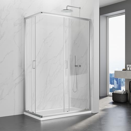 SIRHONA Cabine de Douche 90x120x195 cm Coulissante à Double Ouverture, Porte de Douche en Verre à Deux Panneaux Fixes avec Verre Transparent de 5 mm, Réglable d'un seul côté 20 mm
