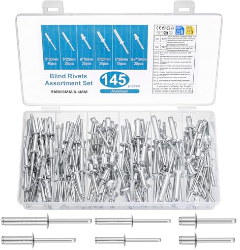 145 Pcs Pop Rivets Assortment, Aluminium Blind Rivetss, Assorted Flat Head Blind Pop Rivets for Metal, Wood, Plastic(5mm, 6mm, 6.4mm)