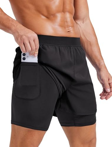 PINSPARK Herren Sport Shorts 2 in 1 Laufshorts mit Kompressionsshorts | Schnelltrocknende Atmungsaktive Marathon Shorts Sommer Fitness Wandern Surfen und Radfahren mit Reißverschlusstasche