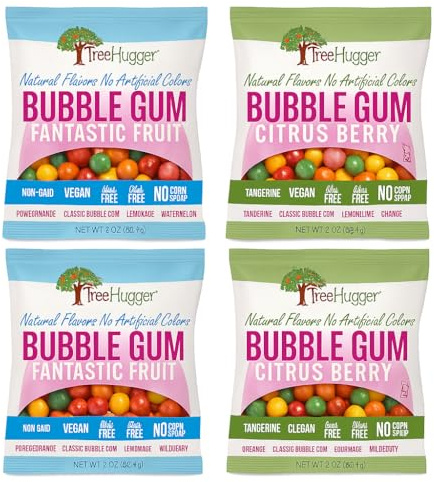 Tree Hugger Bubble Gum Variety Pack, Natural Colors and Flavors, Citrus Berry and Fantastic Fruit, Vegan, Non-GMO, Nut Free, Dairy Free, Kosher, 2 oz Bags, 4 bags