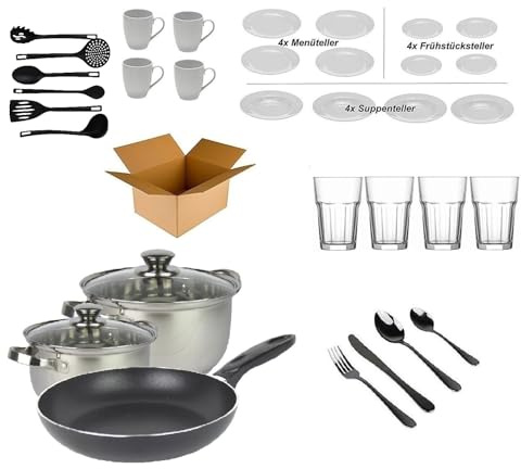 'casa starter set 4 persone – Arredamento Starter pacchetto – funzionalità pacchetto – (Cucina, Posate, Stoviglie)